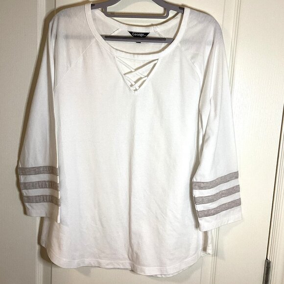 George Women's White Long Sleeve Top Semi Sheer T-Shirt Size L Casual Stretchy - Picture 1 of 7
